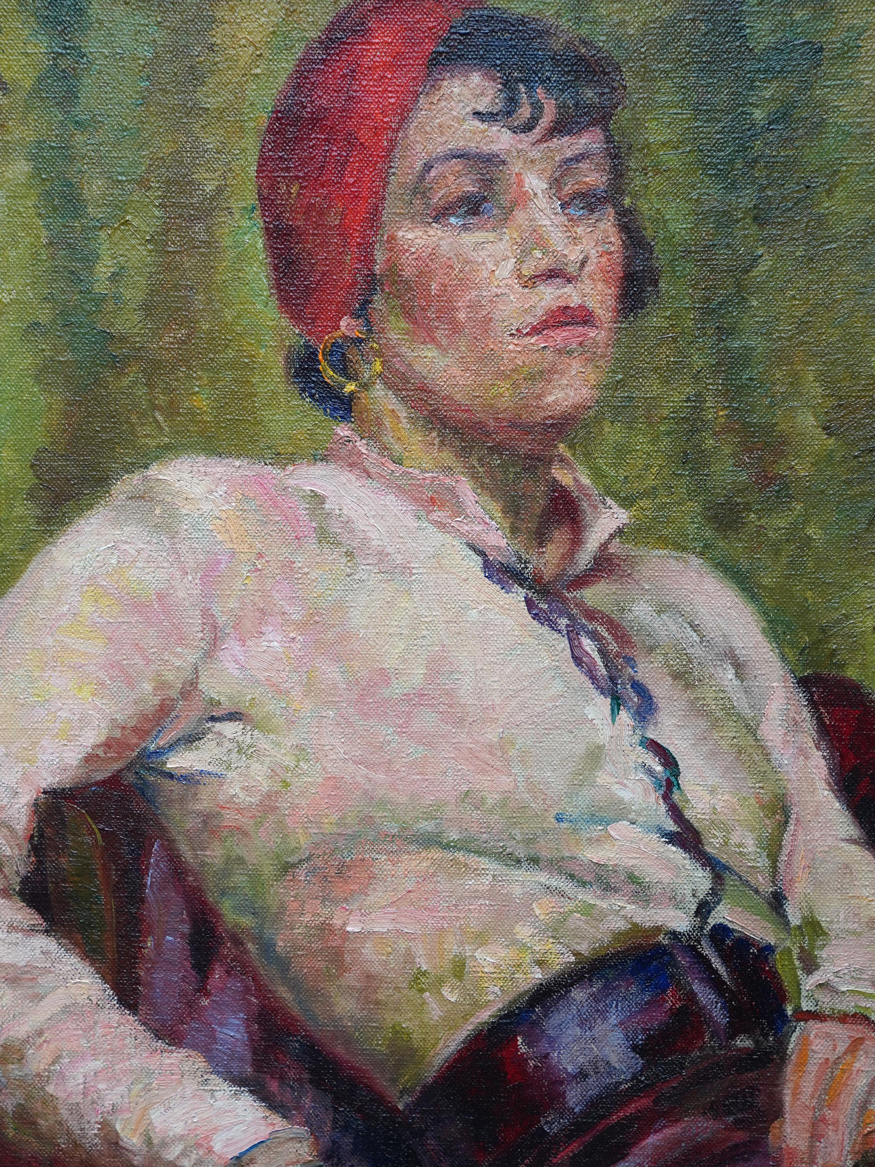 Portrait of Molly in Red Beret - British thirties Art Deco portrait oil painting For Sale 1