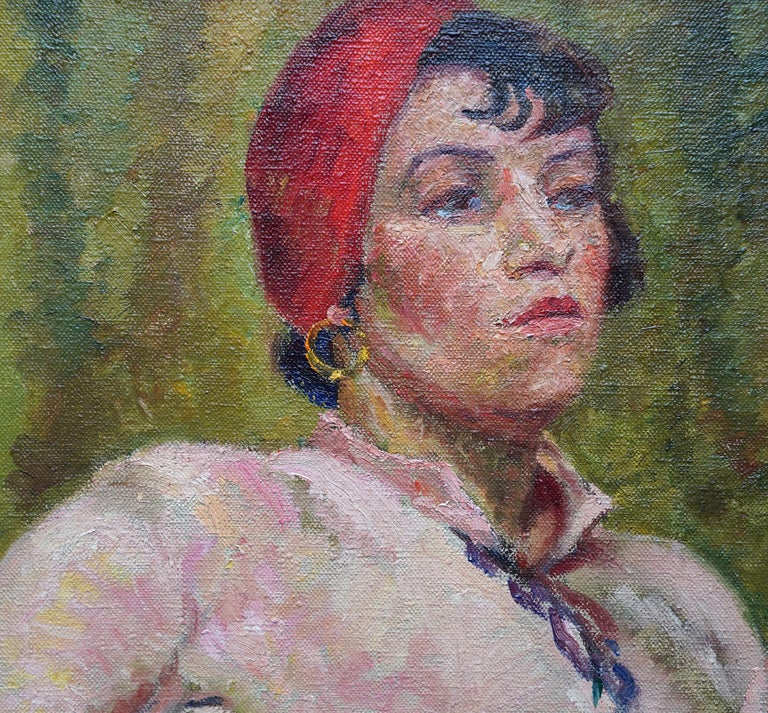 Portrait of Molly in Red Beret - British thirties Art Deco portrait oil painting For Sale 1