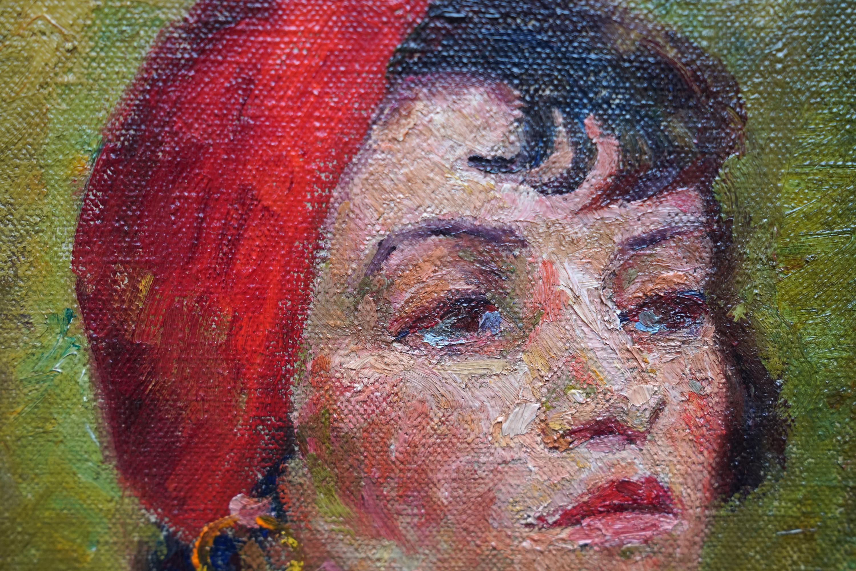 Portrait de Molly dans le Beret rouge - Peinture à l'huile Art déco britannique des années trente en vente 4