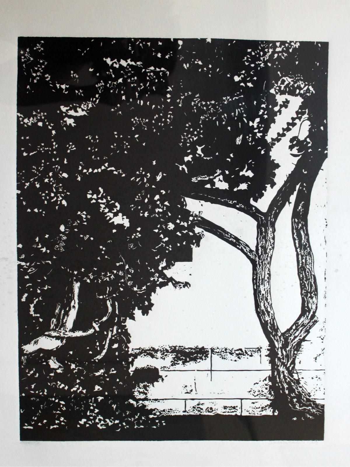 Ein Garten. Schwarz-weißer Linolschnittdruck, figurativ und abstrakt, minimalistisch – Print von Jolanta Babicz