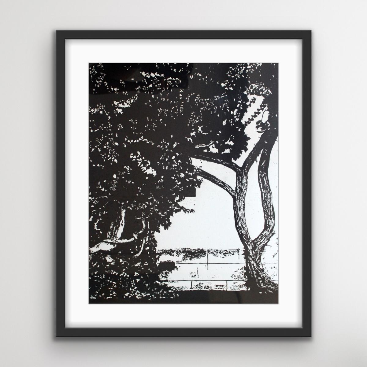 Ein Garten. Schwarz-weißer Linolschnittdruck, figurativ und abstrakt, minimalistisch (Minimalistisch), Print, von Jolanta Babicz