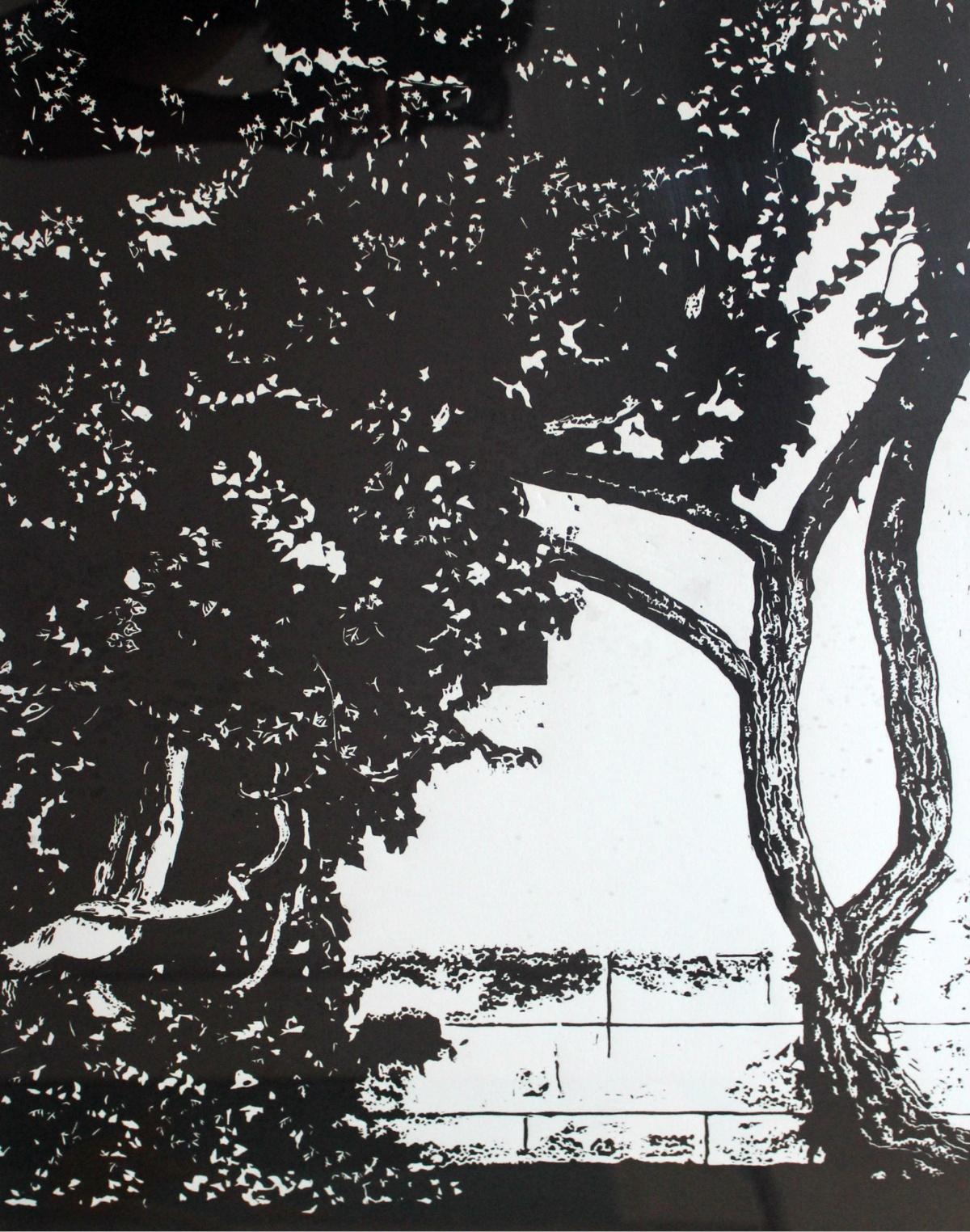 Jolanta Babicz Landscape Print – Ein Garten. Schwarz-weißer Linolschnittdruck, figurativ und abstrakt, minimalistisch