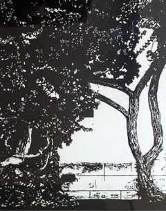 Ein Garten. Schwarz-weißer Linolschnittdruck, figurativ und abstrakt, minimalistisch