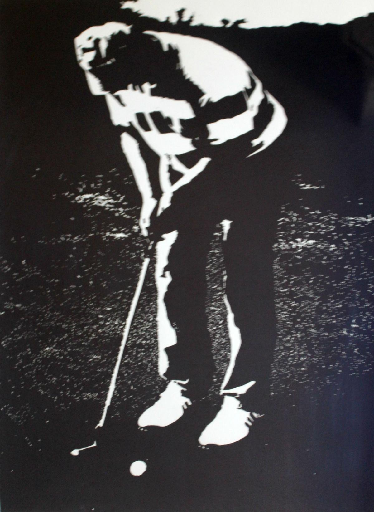 Jolanta Babicz Landscape Print – Ein Golfspieler. Schwarz-weißer Linolschnittdruck, figurativ und abstrakt, minimalistisch