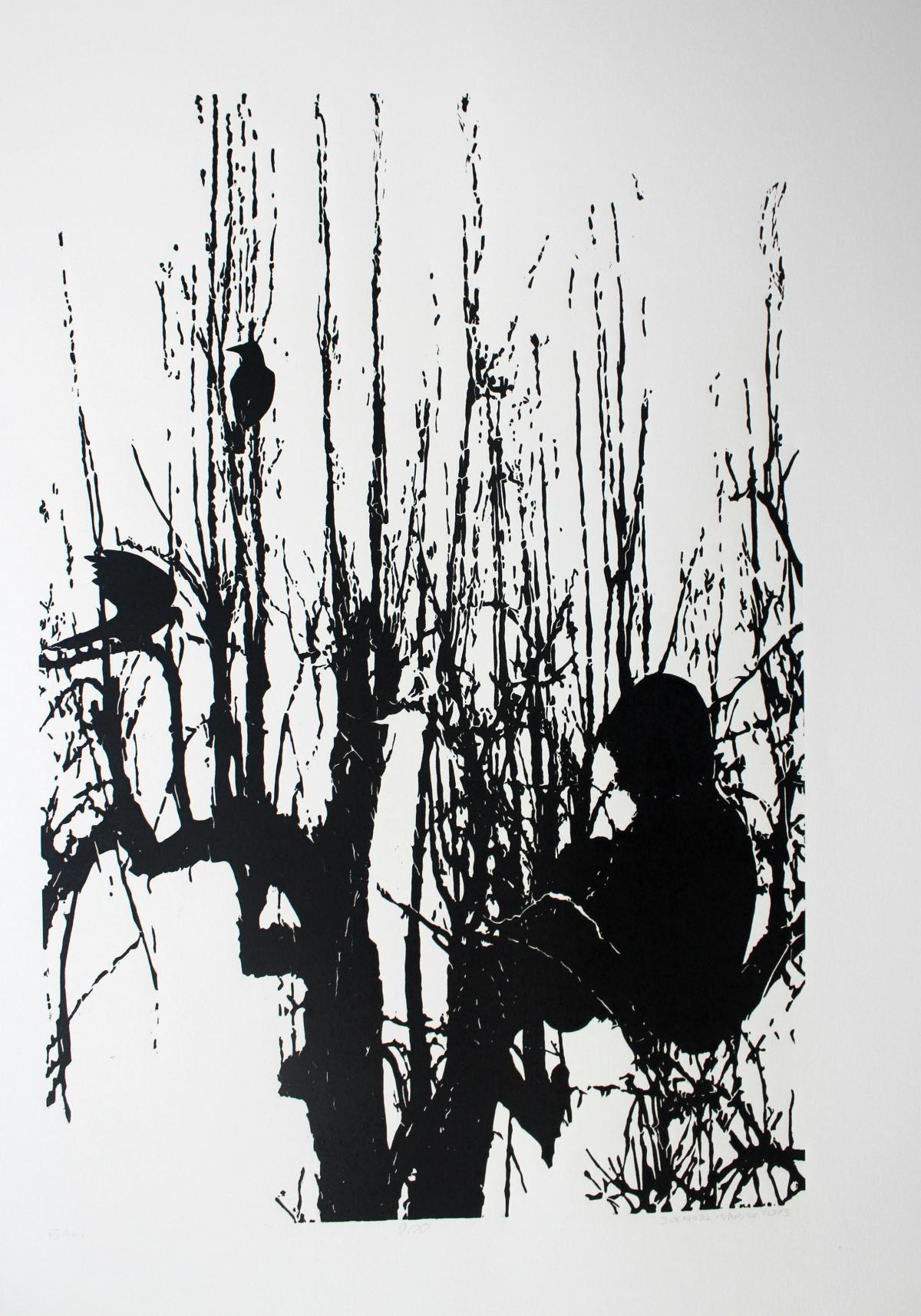 Vögel. Schwarz-weißer Linolschnittdruck, figurativer und abstrakter Minimalismus, polnische Kunst – Print von Jolanta Babicz