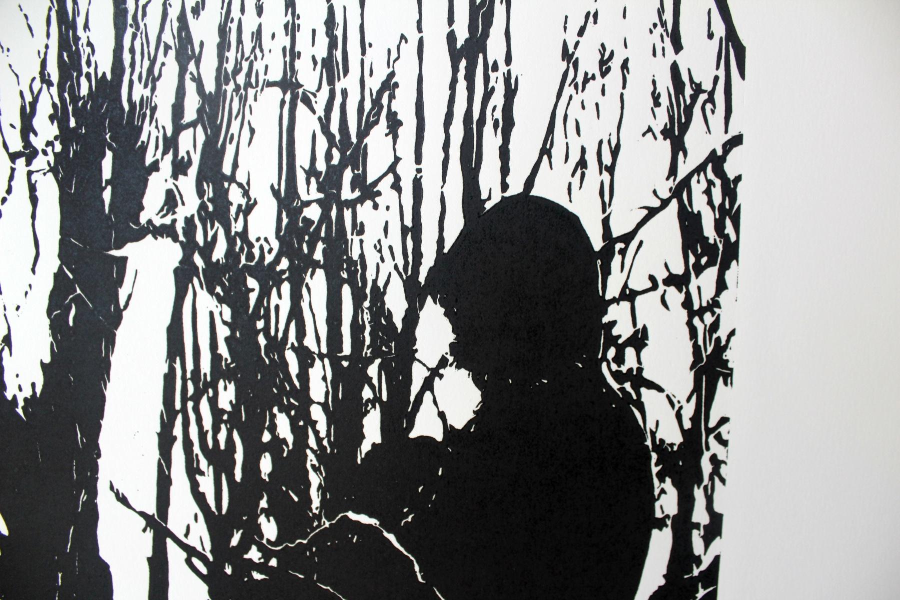 Vögel. Schwarz-weißer Linolschnittdruck, figurativer und abstrakter Minimalismus, polnische Kunst (Minimalistisch), Print, von Jolanta Babicz