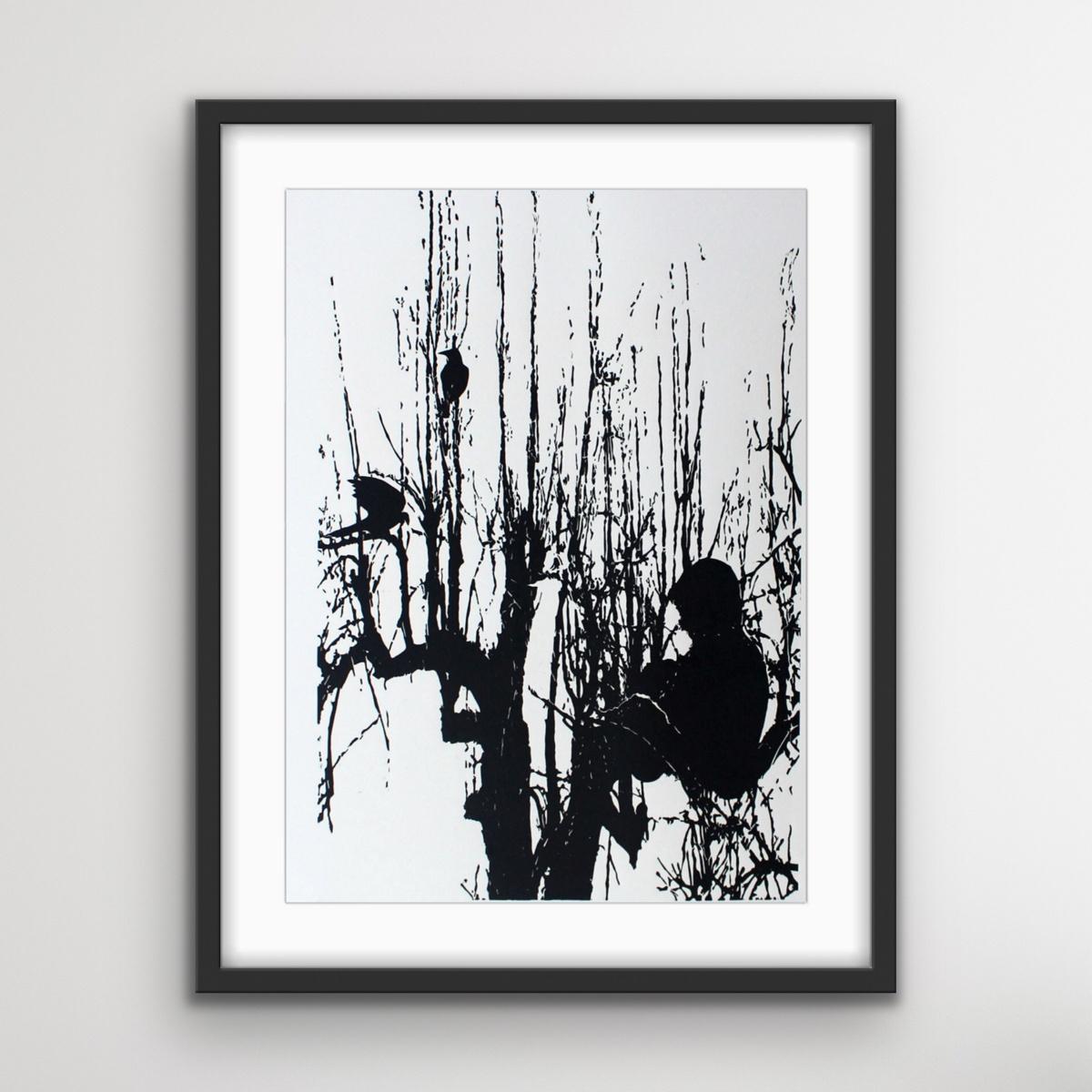 Vögel. Schwarz-weißer Linolschnittdruck, figurativer und abstrakter Minimalismus, polnische Kunst (Grau), Landscape Print, von Jolanta Babicz