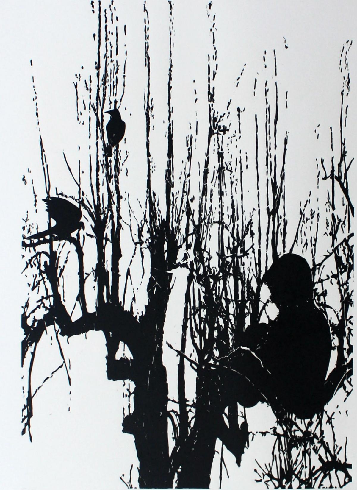 Oiseaux. Gravure sur linoléum en noir et blanc, Minimalisme figuratif et abstrait, Art polonais