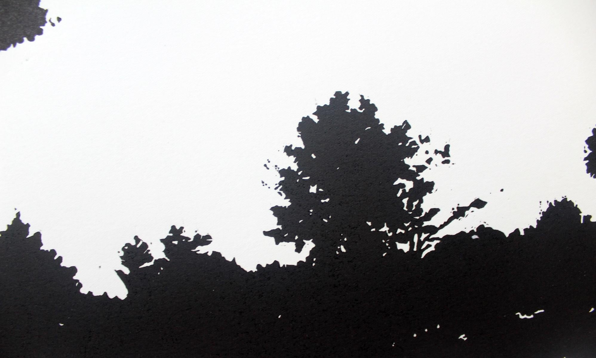 Reisebegleiter. Schwarz-weißer Linolschnitt-Druck figurativ und abstrakt, Minimalismus (Grau), Landscape Print, von Jolanta Babicz