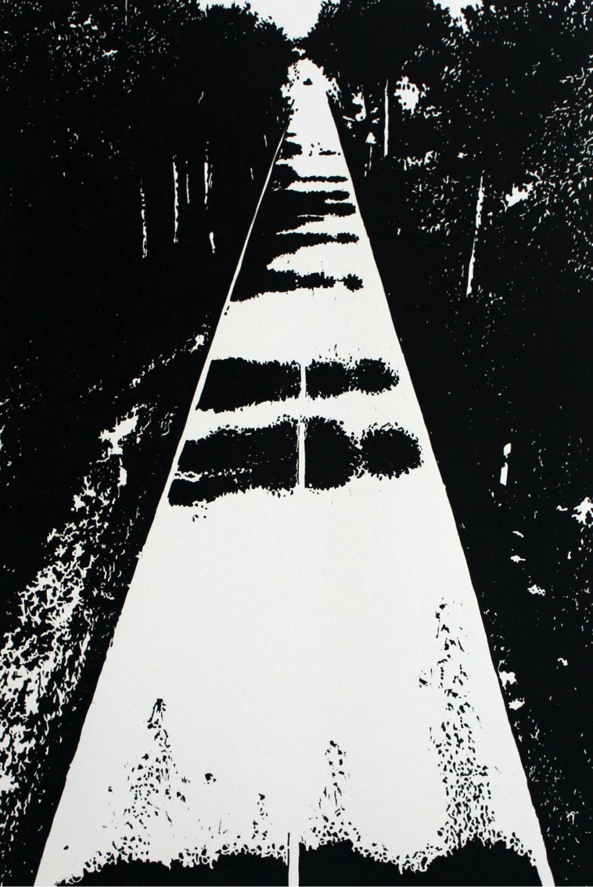 Jolanta Babicz Landscape Print - Journey companion. Black & white linocut print Figurative & Abstract, Minimalism