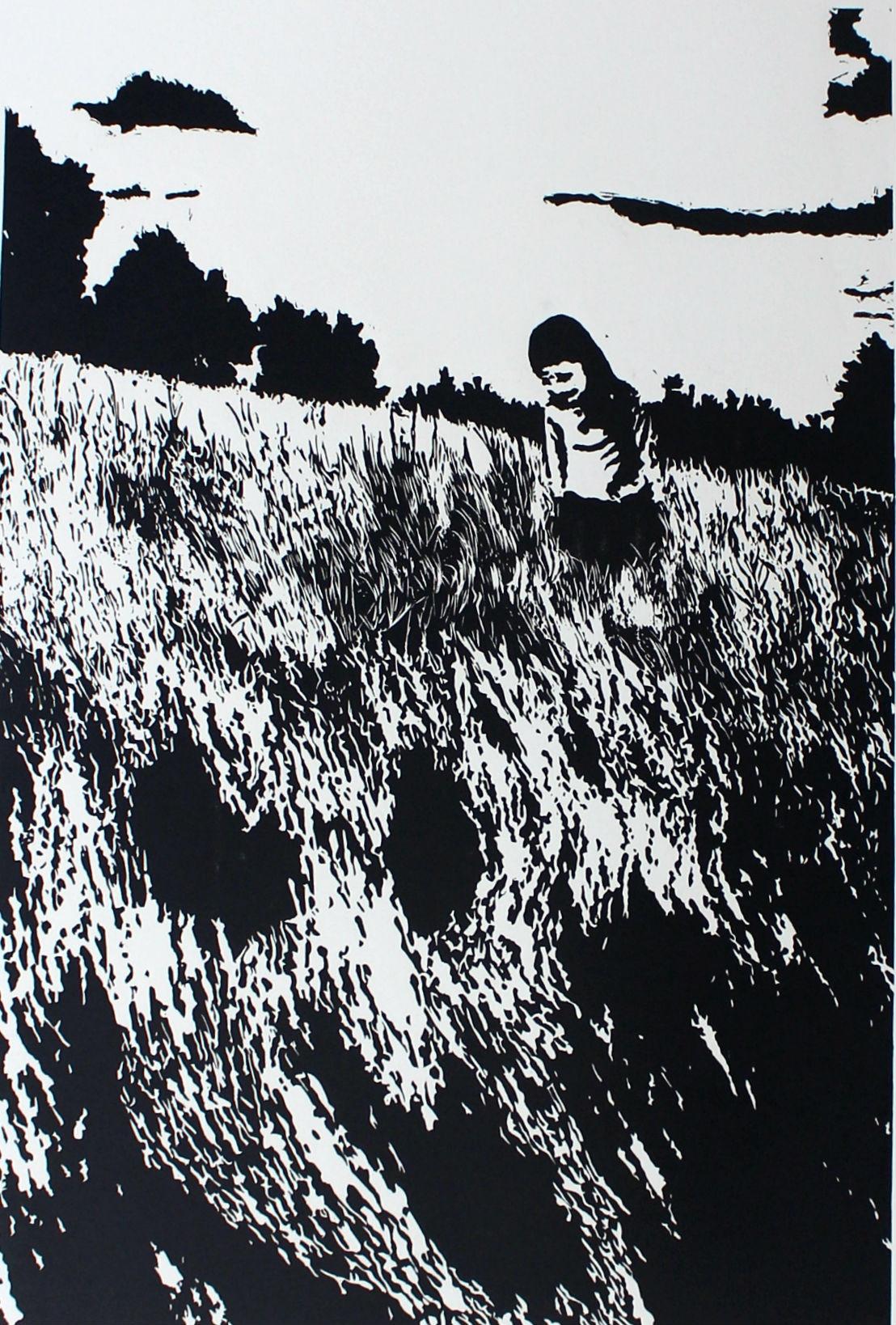 Jolanta Babicz Landscape Print - Journey companion. Black & white linocut print Figurative & Abstract, Minimalism