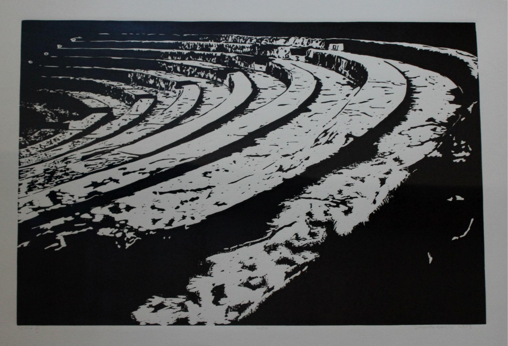 Theatre 6. Schwarz-weißer Linolschnittdruck, figurativ und abstrakt, minimalistisch – Print von Jolanta Babicz