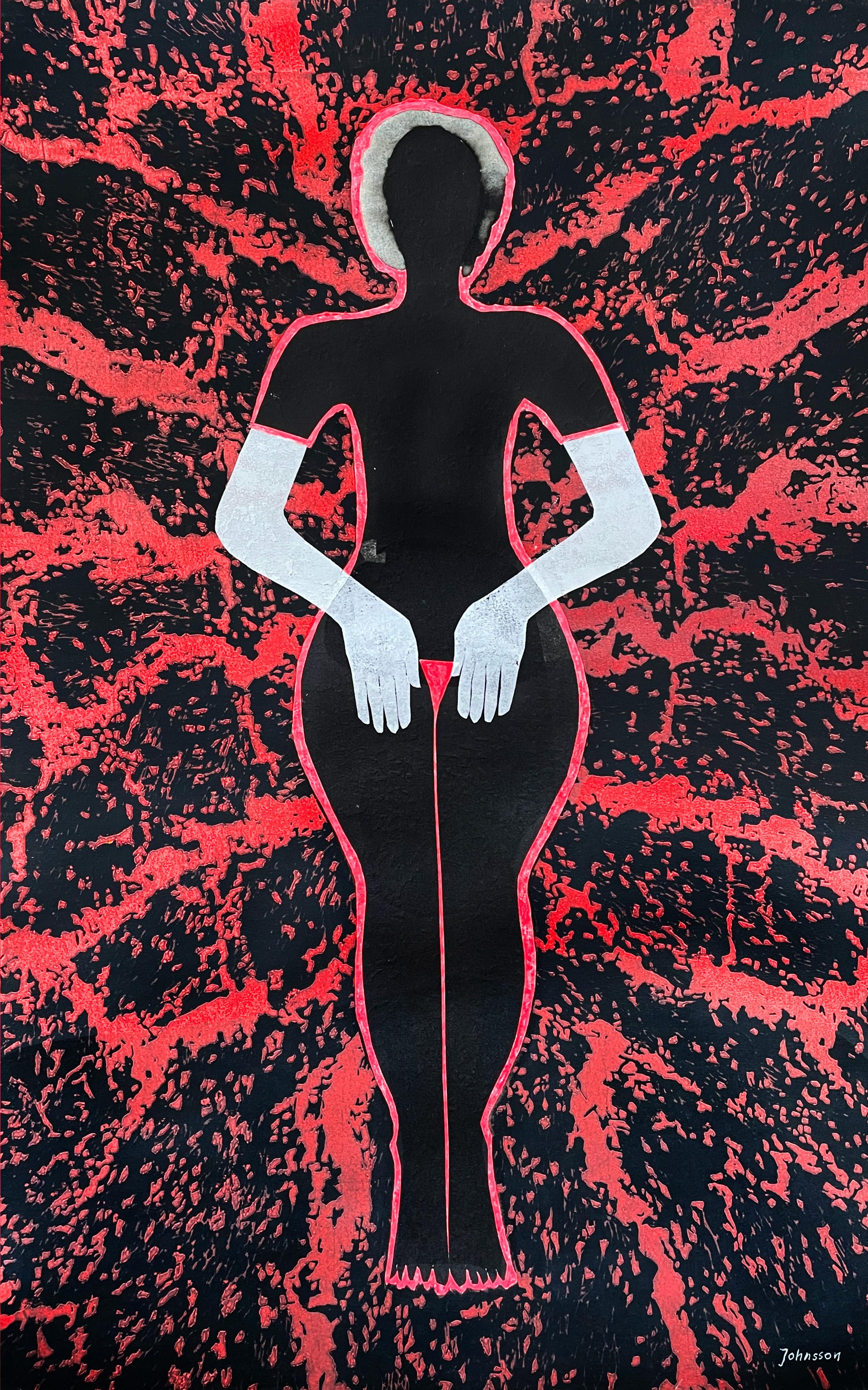 Figurative Print Jolanta Johnsson - L'intimité de son corps en noir et rouge