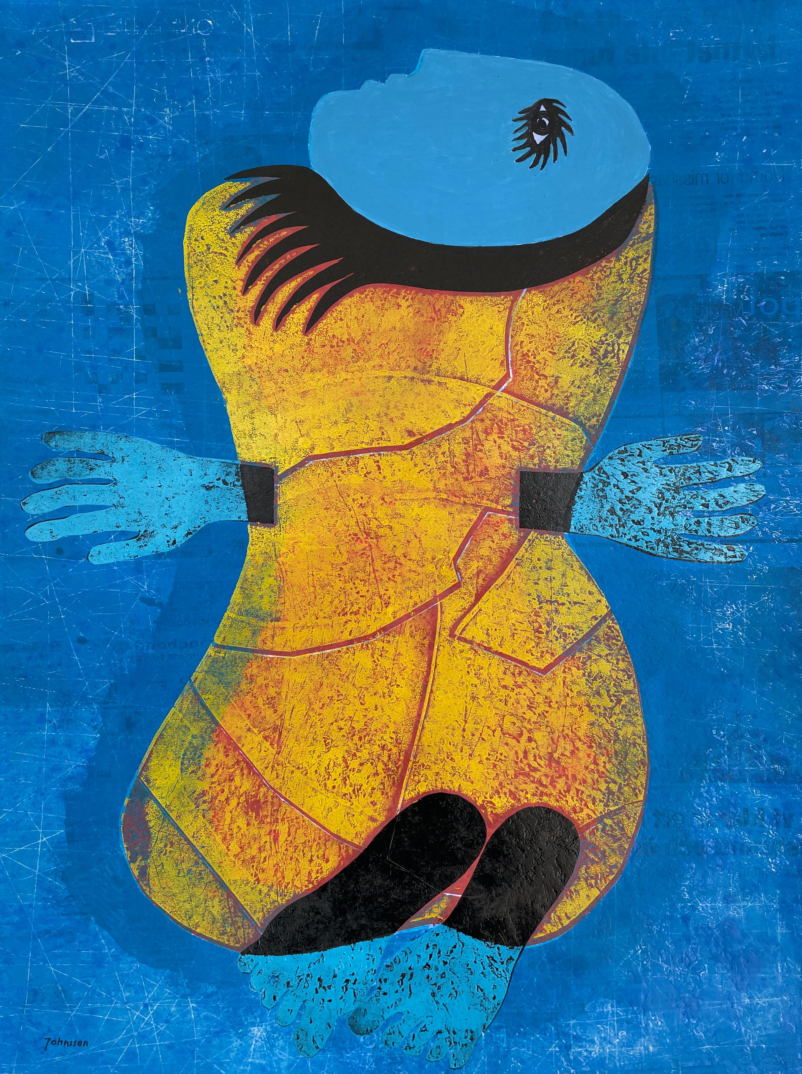 Nude Print de Jolanta Johnsson - Mujer desnuda en amarillo y azul