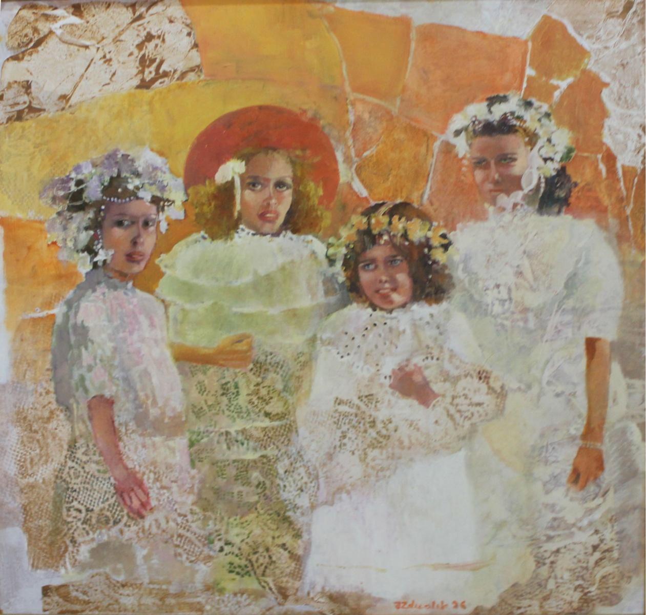 Figurative Painting de Jolanta Zdrzalik - Chicas. Pintura figurativa al óleo sobre tabla, Coloful, artista polaco