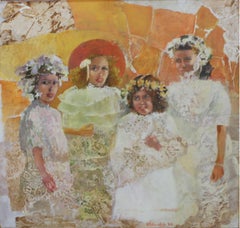 Vintage Girls. Figurative Oil on Board Painting, Coloful, Polish artist