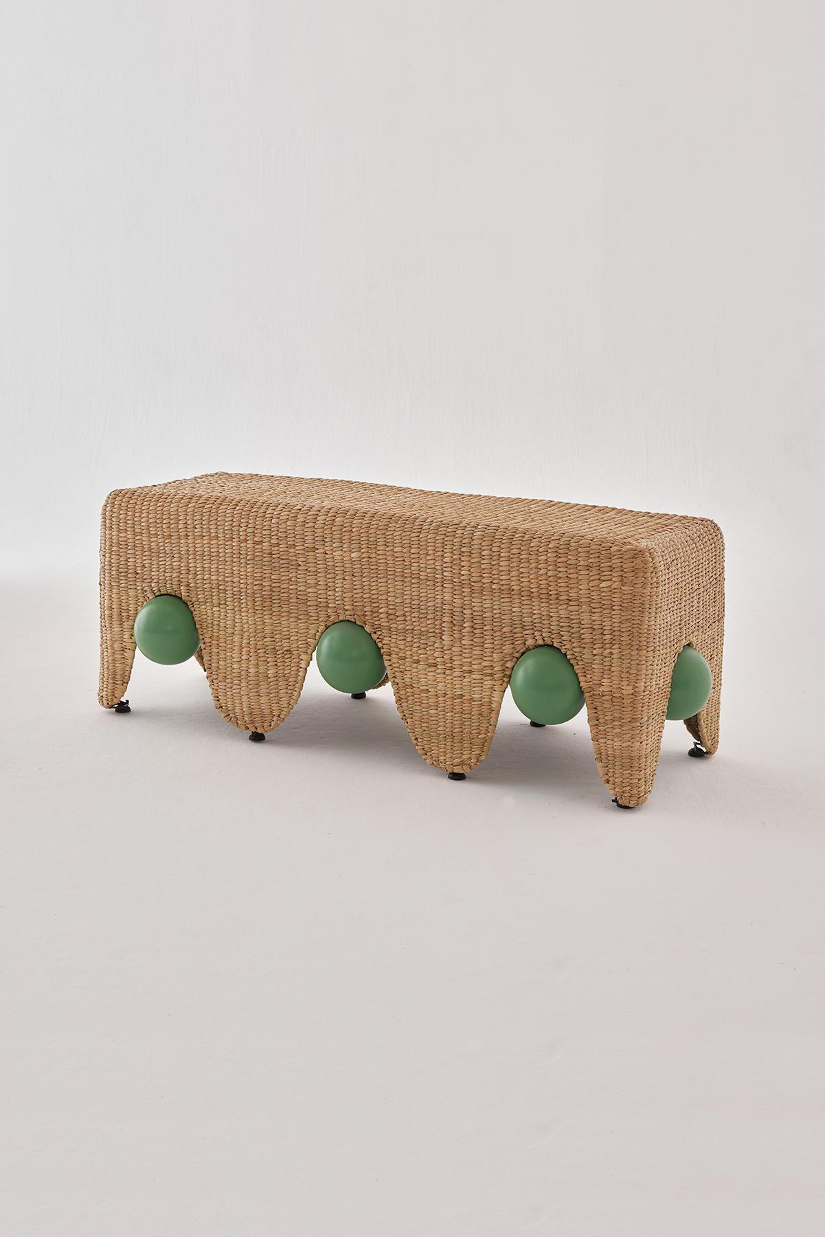 Jolgorio Bench in Chuspata Fiber, Metal & Lacquered Oak by Joyful Objects Yes!
Dimensions: D 50 x W 125 x H 48 cm.
Materials: Metal, lacquered oak wood, and chuspata fiber.

Available in different color options. Please contact us.

Joyful Objects,