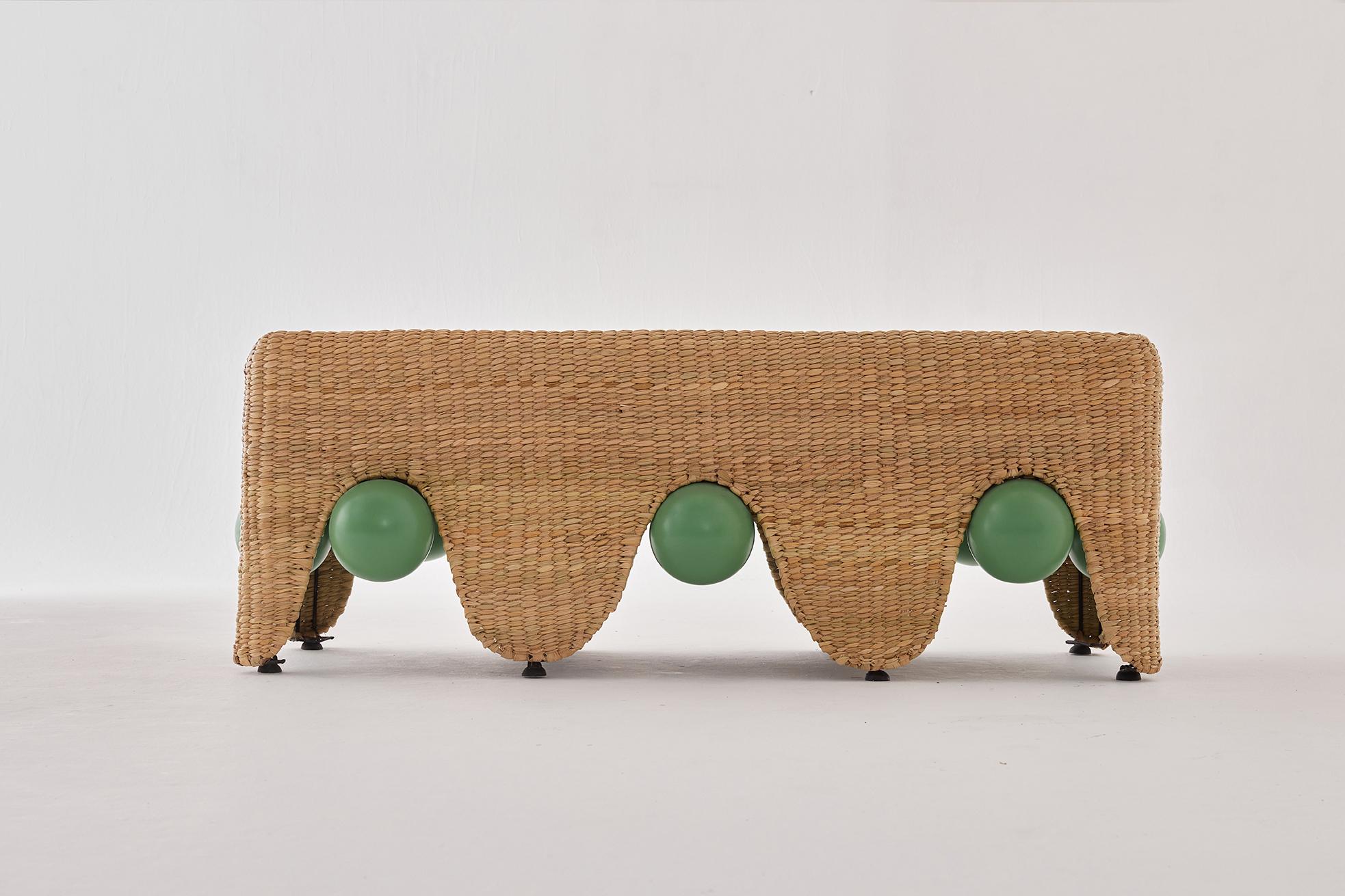 Post-Modern Jolgorio Bench in Chuspata Fiber, Metal & Lacquered Oak by Joyful Objects Yes! For Sale