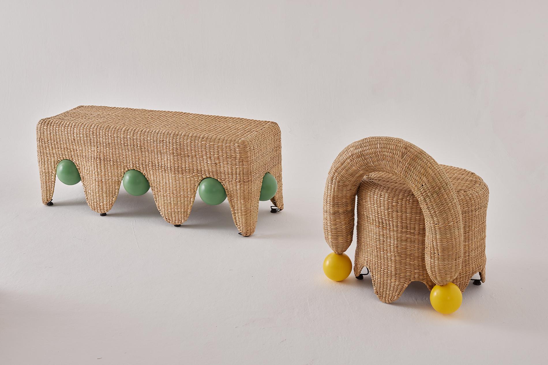 Mexican Jolgorio Bench in Chuspata Fiber, Metal & Lacquered Oak by Joyful Objects Yes! For Sale