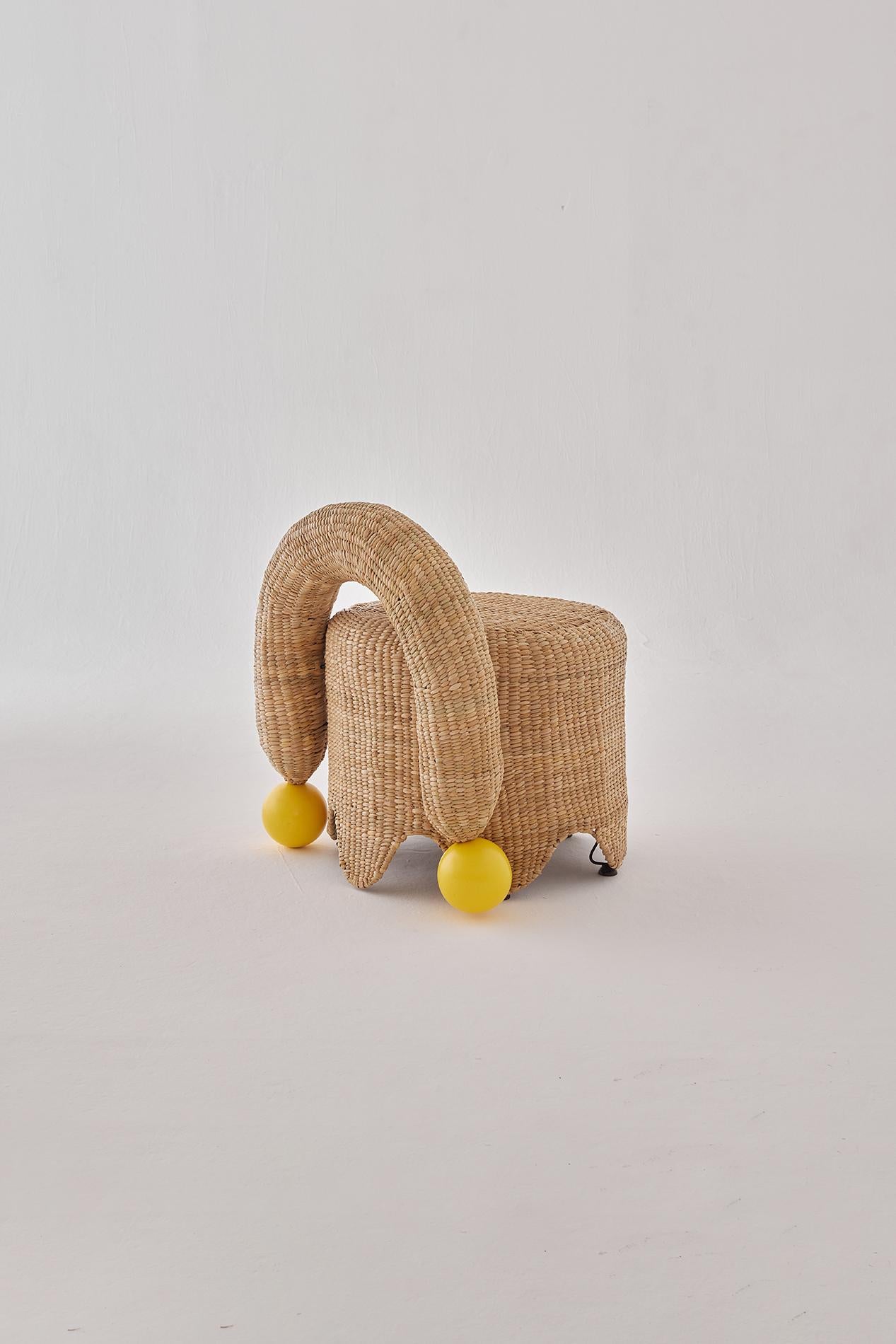 Post-Modern Jolgorio Stool in Chuspata Fiber, Metal & Lacquered Oak by Joyful Objects Yes! For Sale
