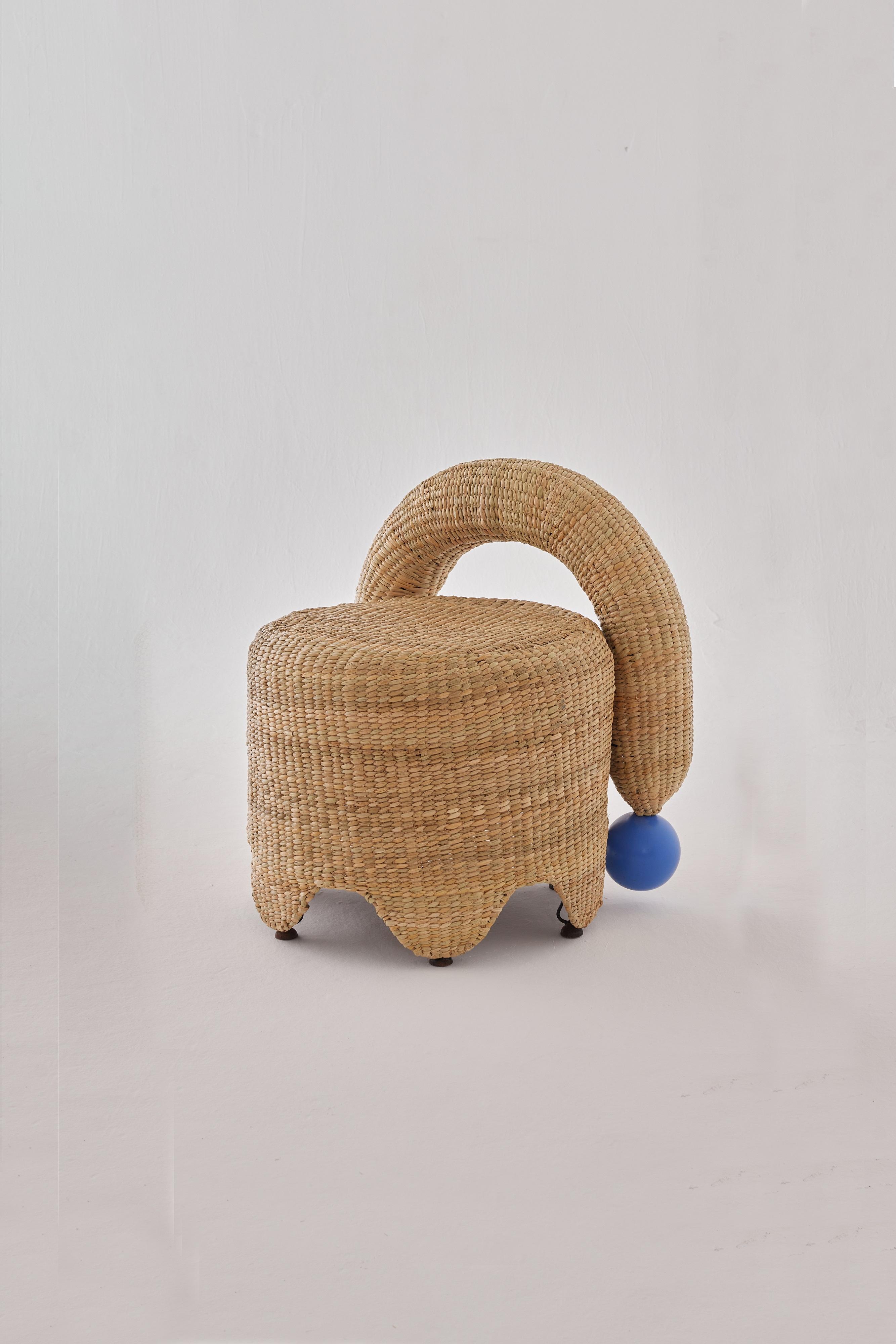 Mexican Jolgorio Stool in Chuspata Fiber, Metal & Lacquered Oak by Joyful Objects Yes! For Sale
