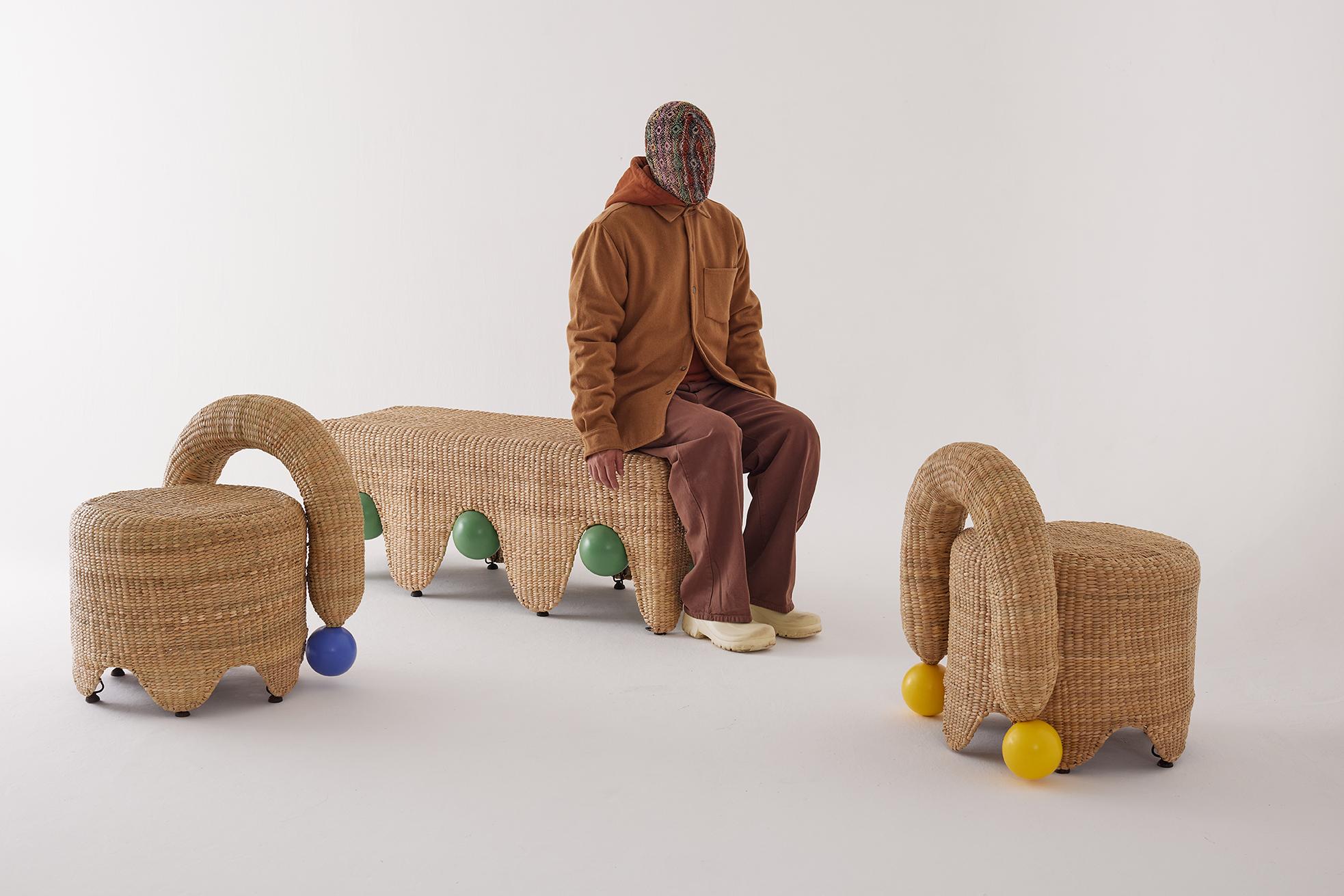 Jolgorio Stool in Chuspata Fiber, Metal & Lacquered Oak by Joyful Objects Yes! In New Condition For Sale In Geneve, CH