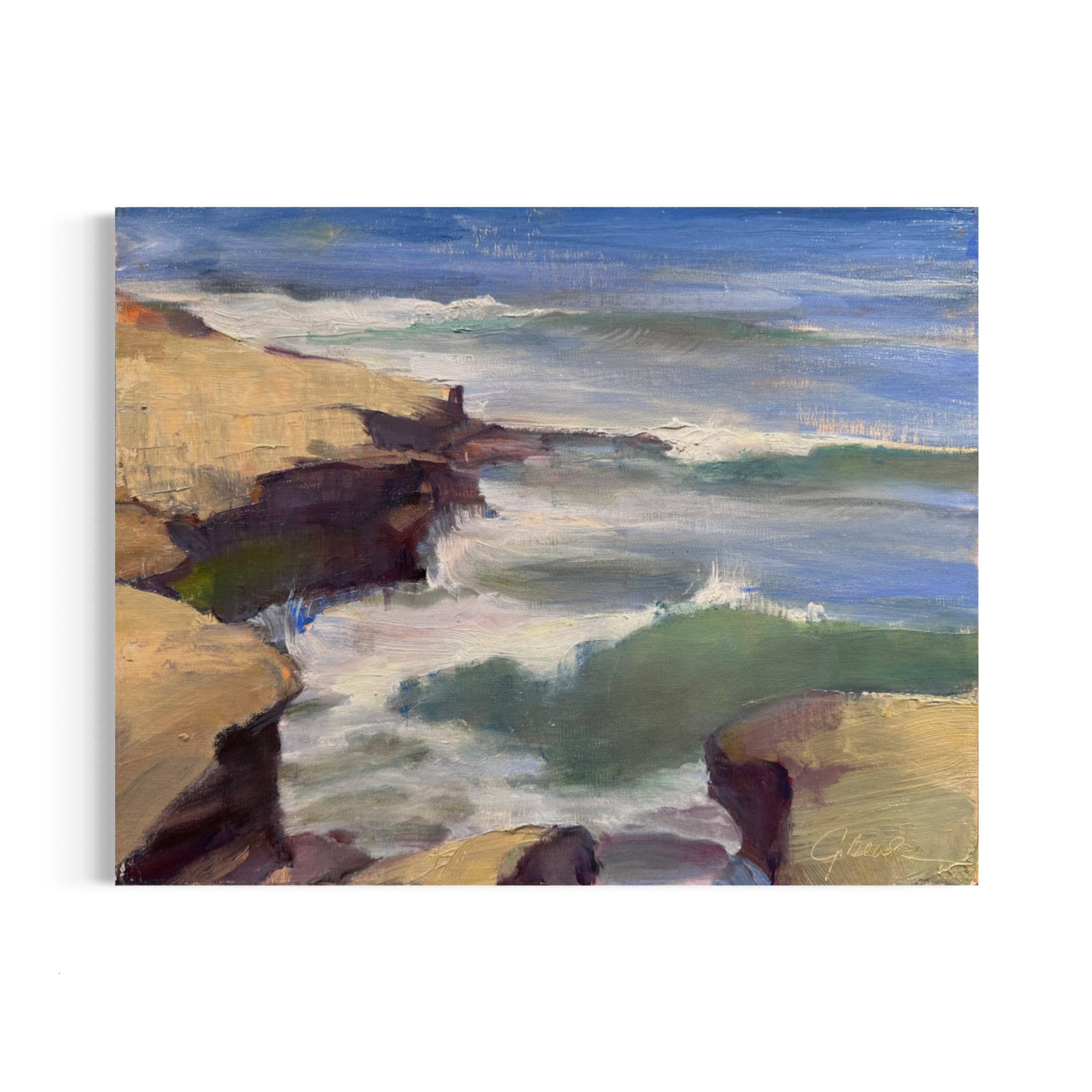 Joli Beal Landscape Painting - Rough Water, La Jolla - Oil on Board Plein-Air Painting 2023