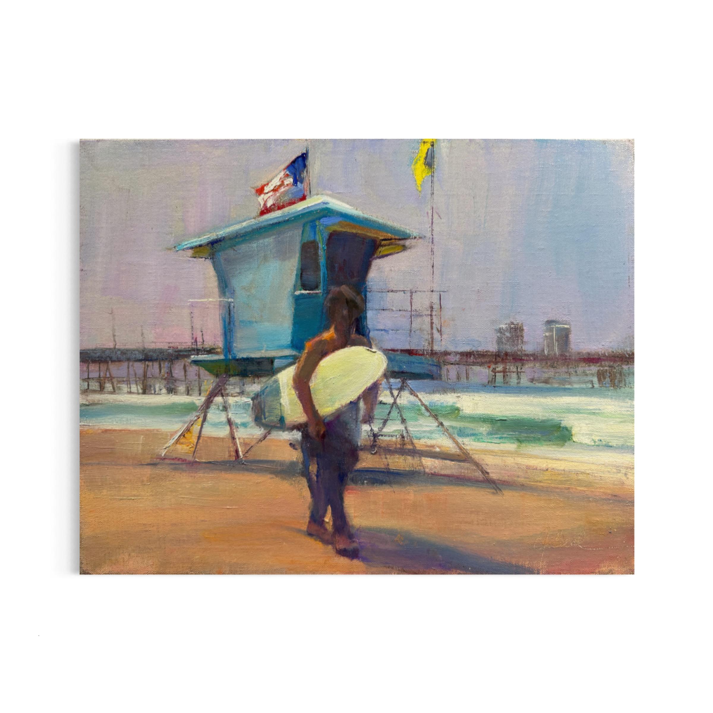 Joli Beal Landscape Painting - Tower and Surfer - Oil on Board Plein-Air Painting 2023