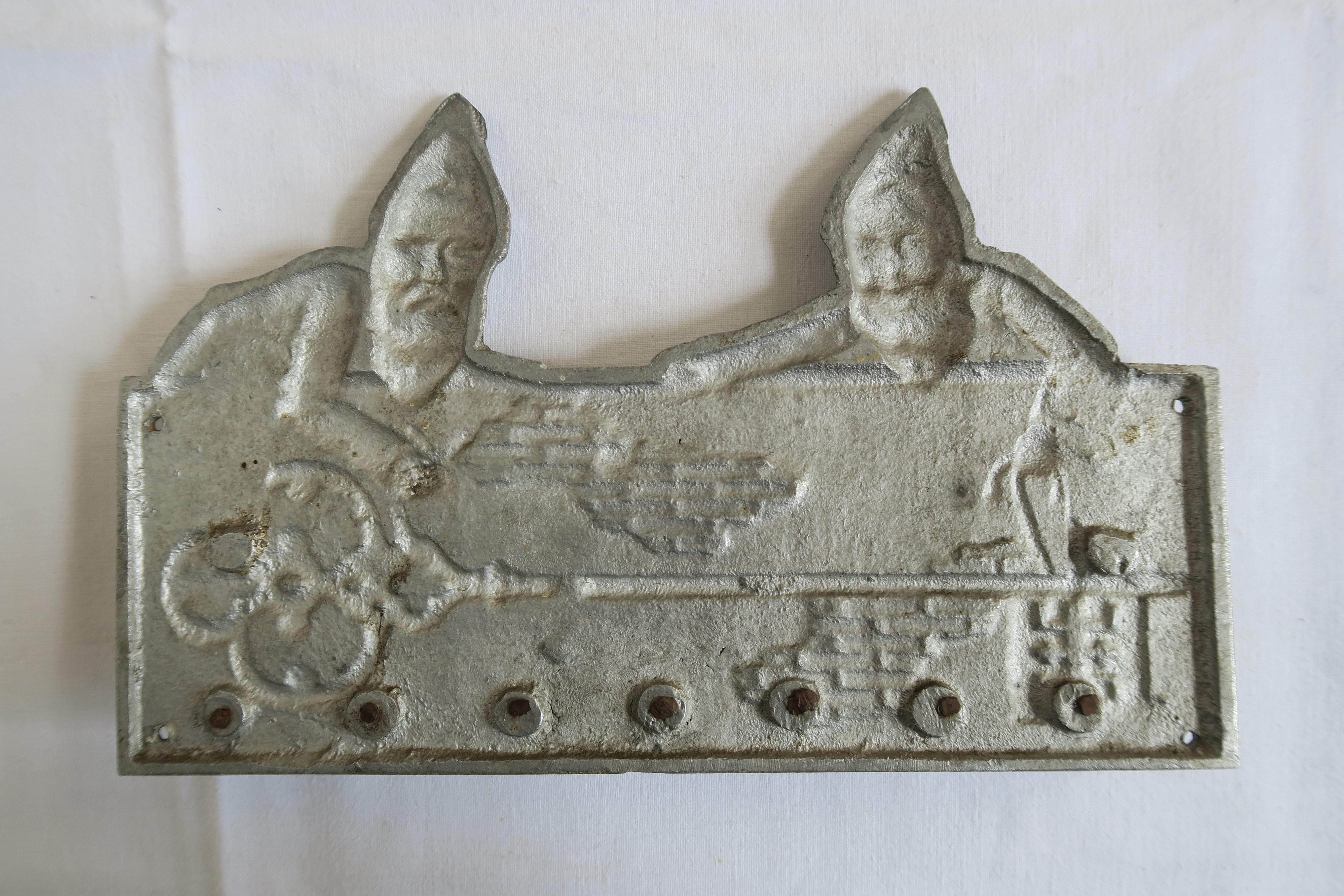 Hand-Crafted Jolly Aluminum and Iron Keyboard/Coat Rack with Two Dwarves For Sale