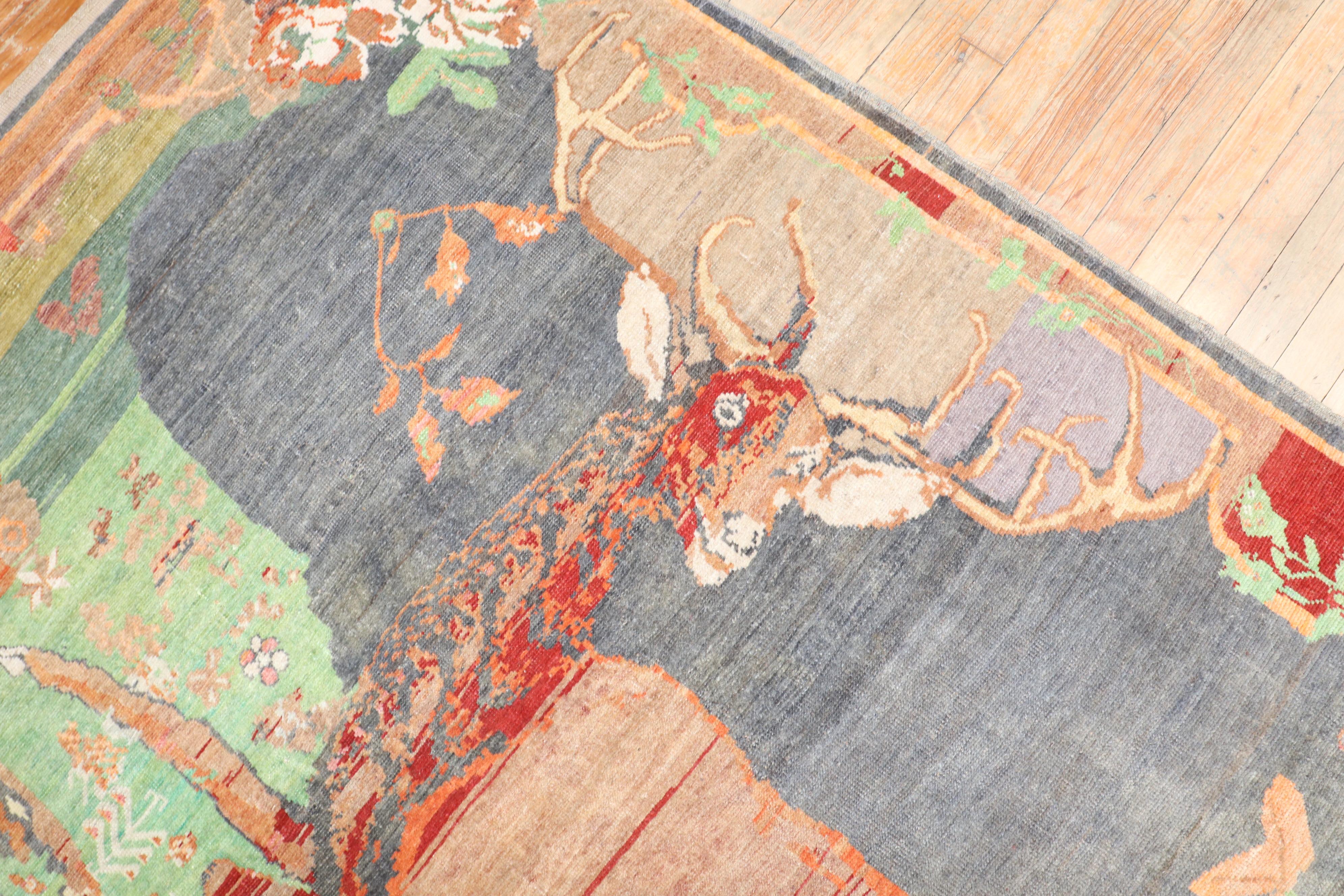 Jolly Deer Pictorial Karabagh Conversation Rug In Good Condition For Sale In New York, NY