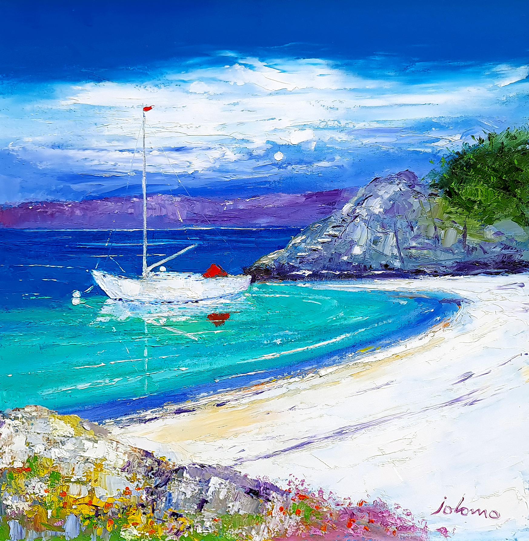 The White Boat and Red Tent, Isle of Gigha - Painting by JOLOMO - John Lowrie Morrison OBE