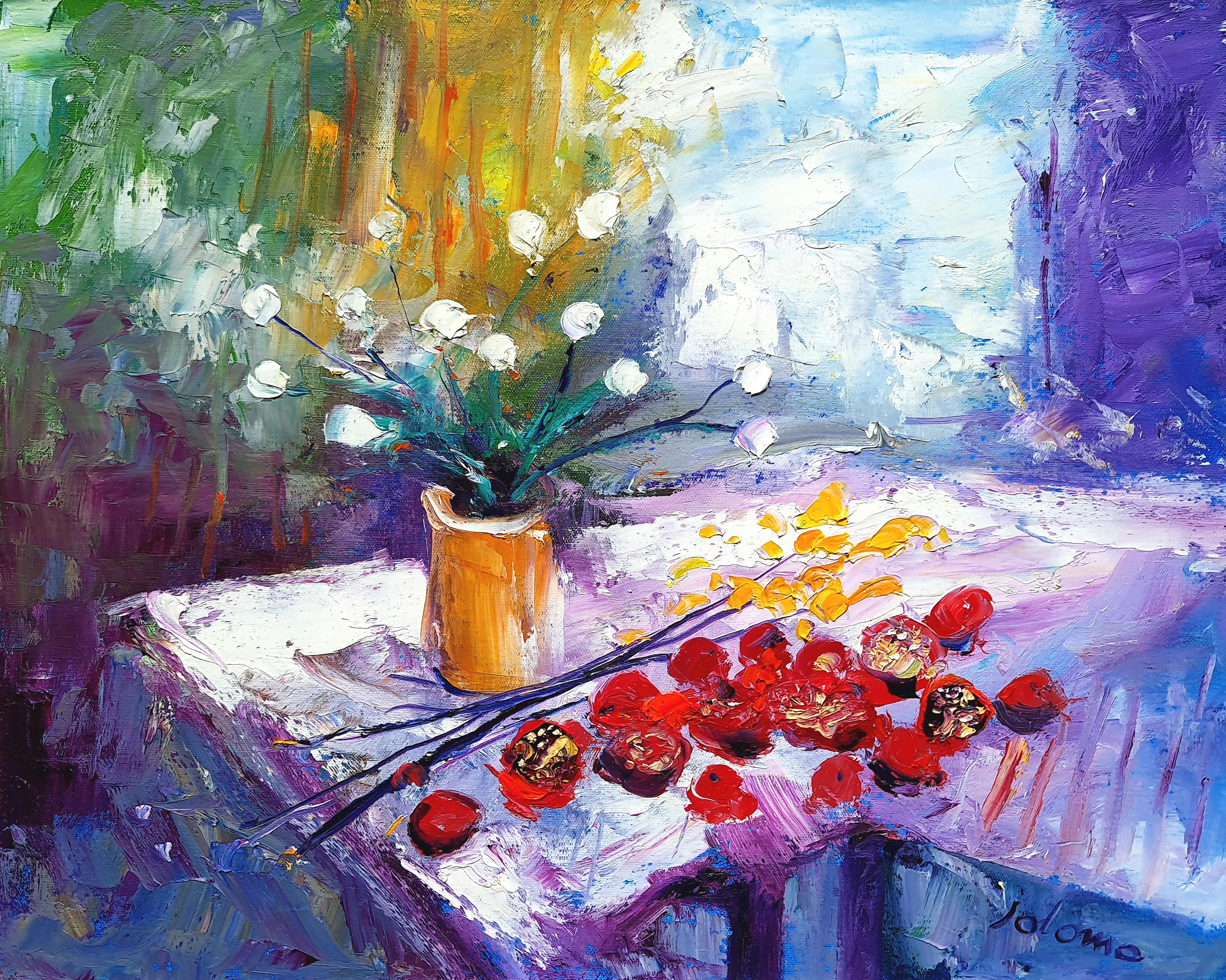 White Blooms and Pomegranates, 2021 - Painting by JOLOMO - John Lowrie Morrison OBE