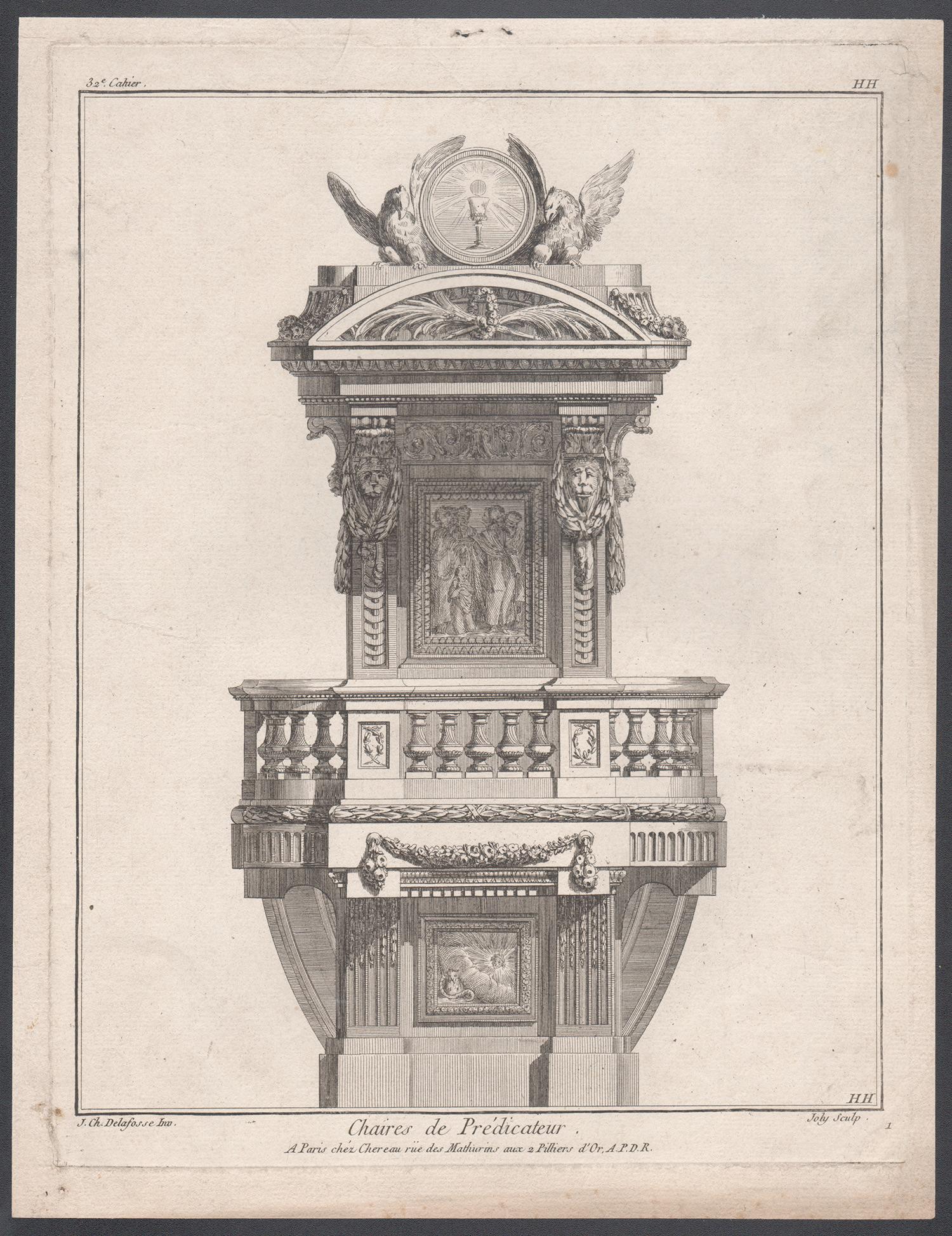 Französisches neoklassizistisches Design für einen Pulpit, Gravur nach Delafosse – Print von Joly after Jean-Charles Delafosse (1734-1791)