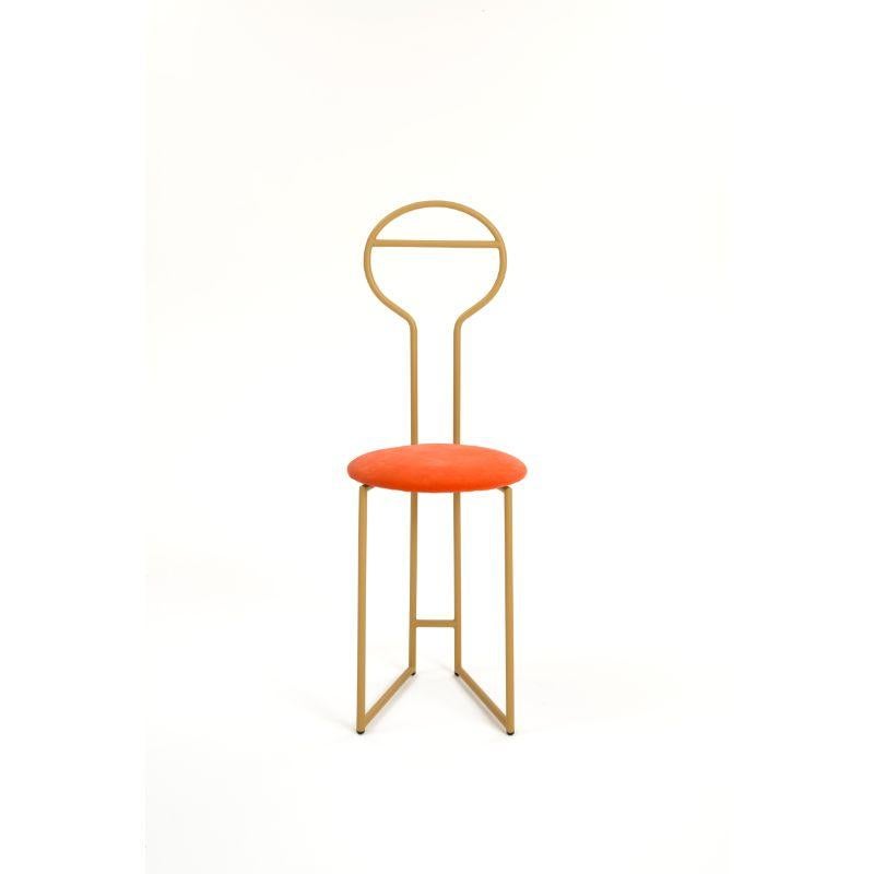 Joly Chairdrobe gold HB Velvetforthy Arancio by Colé Italia with Lorenz & Kaz (2019)
Dimensions: H.105/seat H. 45 D.38 W.40 cm
Materials: tubular steel, bent and powder painted. Padded upholstered seat
Finishing: GD gold; BK black.

Also