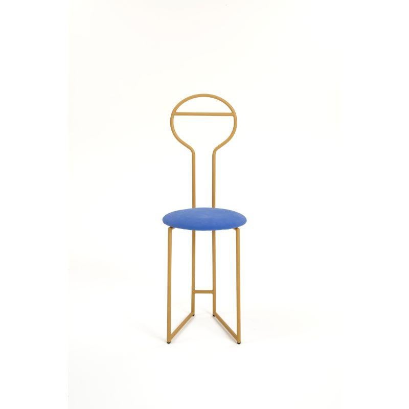 Joly Chairdrobe gold HB Velvetforthy Indaco by Colé Italia with Lorenz&Kaz (2019)
Dimensions: H.105/seat H. 45 D.38 W.40 cm
Materials: tubular steel, bent and powder painted. Padded upholstered seat
Finishing: GD gold; BK black

Also available: