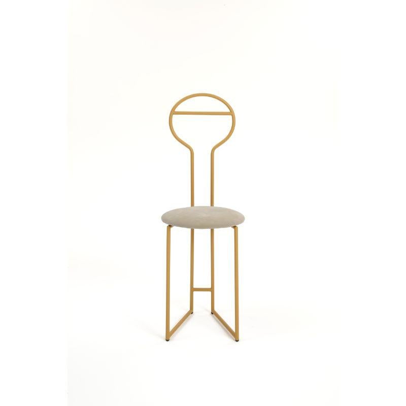 Joly Chairdrobe Gold HB Velvetforthy Madreperla by Colé Italia with Lorenz&Kaz (2019)
Dimensions: H.105/seat H. 45 D.38 W.40 cm
Materials: tubular steel, bent and powder painted. Padded upholstered seat
Finishing: GD gold; BK black

Also