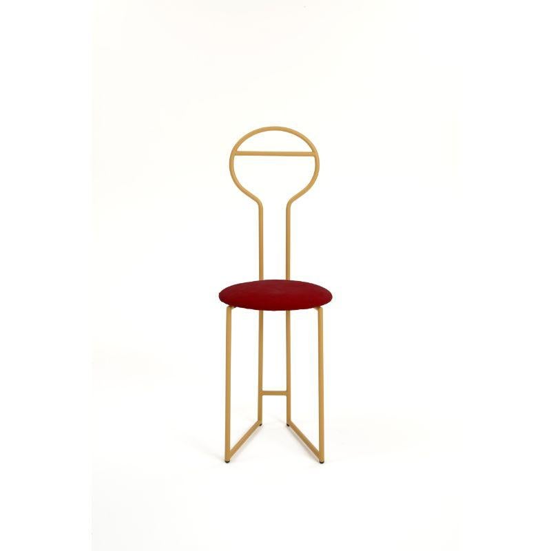 Joly chairdrobe gold hb velvetforthy rosso by Colé Italia with Lorenz & Kaz (2019)
Dimensions: H.105/seat H. 45 D.38 W.40 cm.
Materials: tubular steel, bent and powder painted. Padded upholstered seat
Finishing: GD gold; BK black

Also