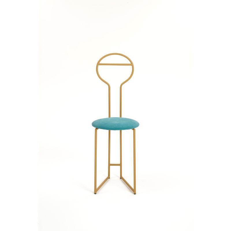 Joly Chairdrobe gold HB Velvetforthy tiffany by Colé Italia with Lorenz & Kaz (2019)
Dimensions: H.105/seat H. 45 D.38 W.40 cm
Materials: Tubular steel, bent and powder painted. Padded upholstered seat
Finishing: GD gold; BK black

Also