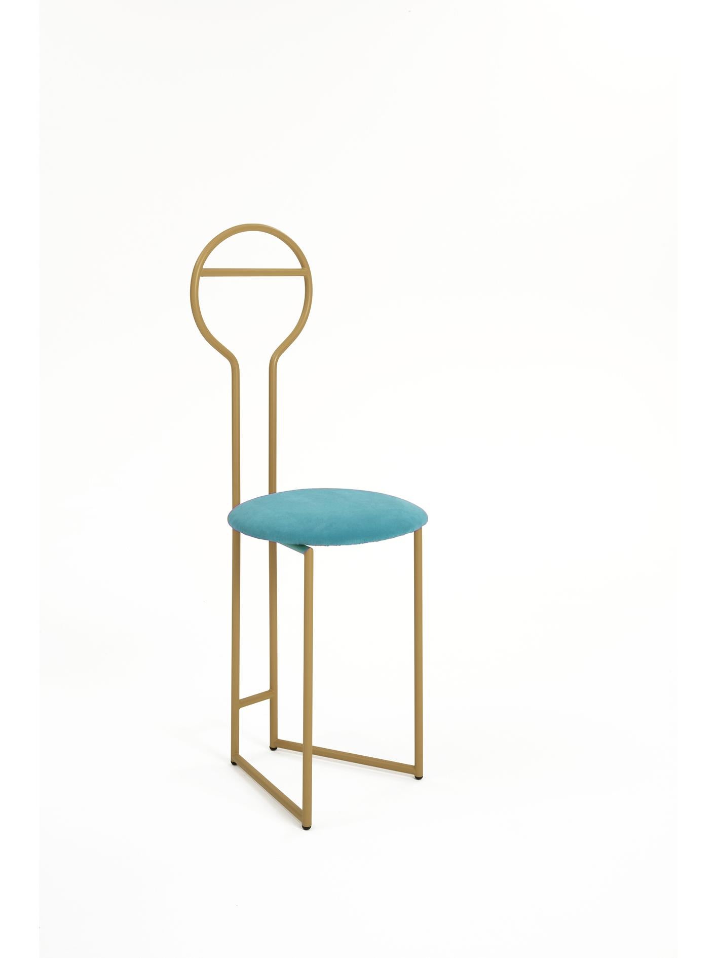 Joly Chairdrobe design Lorenz + Kaz, 2019
Made of gold powder-coated metal with padded cushion seat in green velvet fire class E1 (the listed version). Available in 4 different fabric categories, including linen, felt, leather, eco-leather,