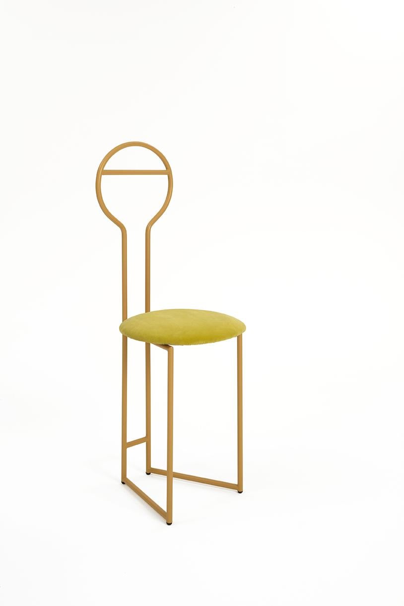 Joly Chairdrobe design Lorenz + Kaz, 2019
Made of gold powder-coated metal with padded cushion seat in green velvet fire class E1 (the listed version) . Available in 4 different fabric categories, including linen, felt, leather, eco-leather,