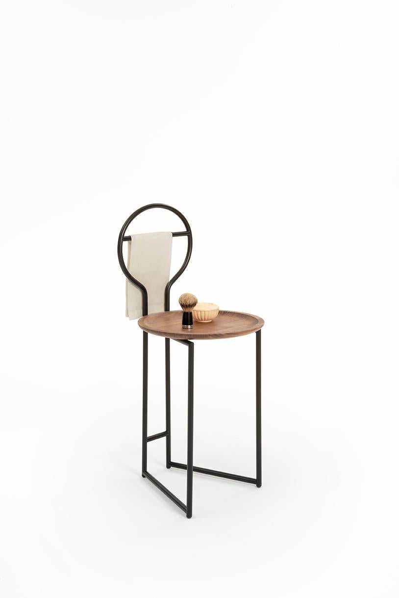Joly Chairdrobe Design Lorenz + Kaz, 2019
Made of gold/black powder-coated metal with a top plate carved in solid natural walnut (the listed version) or with padded cushion seat.
The Chairdrobe, a manifestation of an always improvised object, like