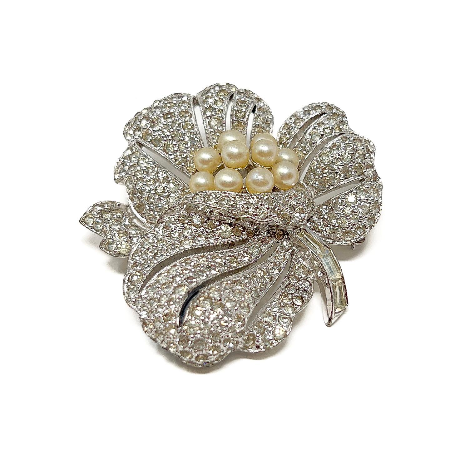 Jomaz 1950s Rhinestone and Faux Pearl Vintage Flower Brooch