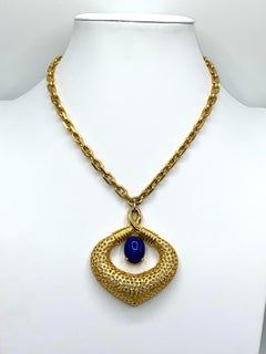 Jomaz 1970s Abrstract Gold with BlueCabochon Pendent Necklace.