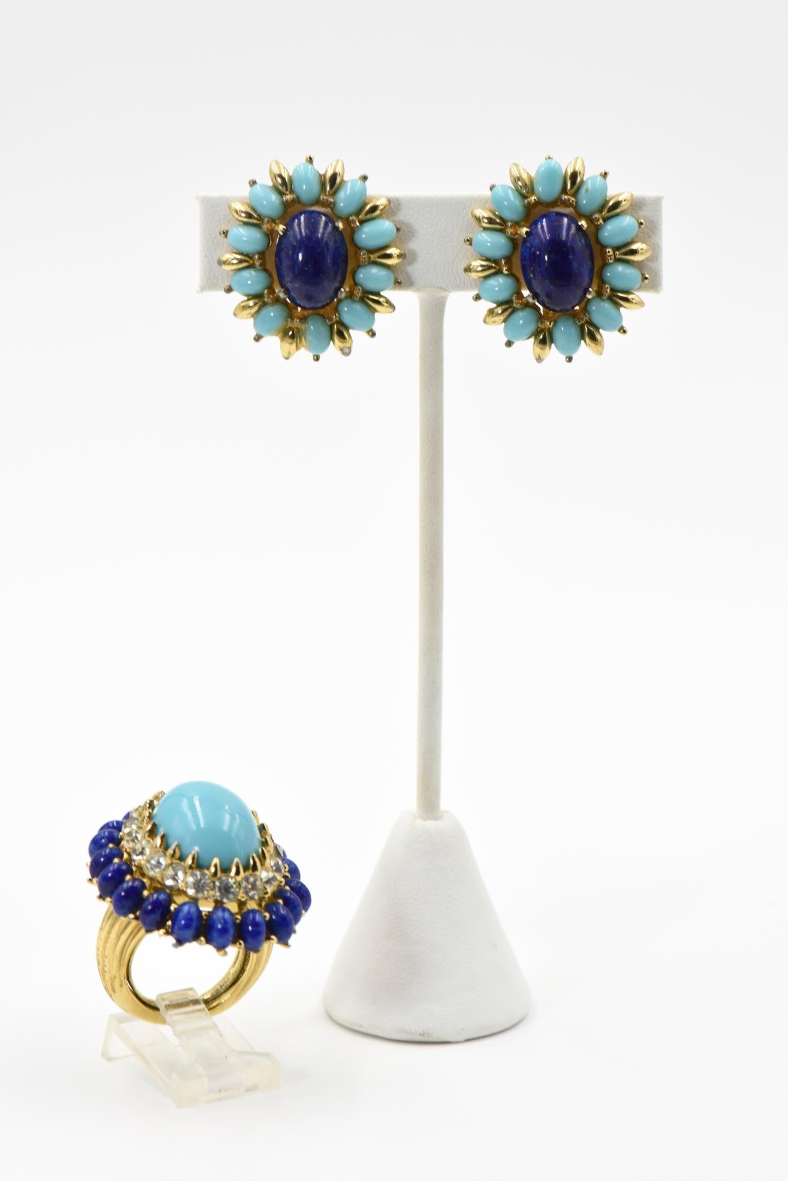 Jomaz Costume Turquoise and Lapis Lazuli Gold Tone Clip Earrings 1