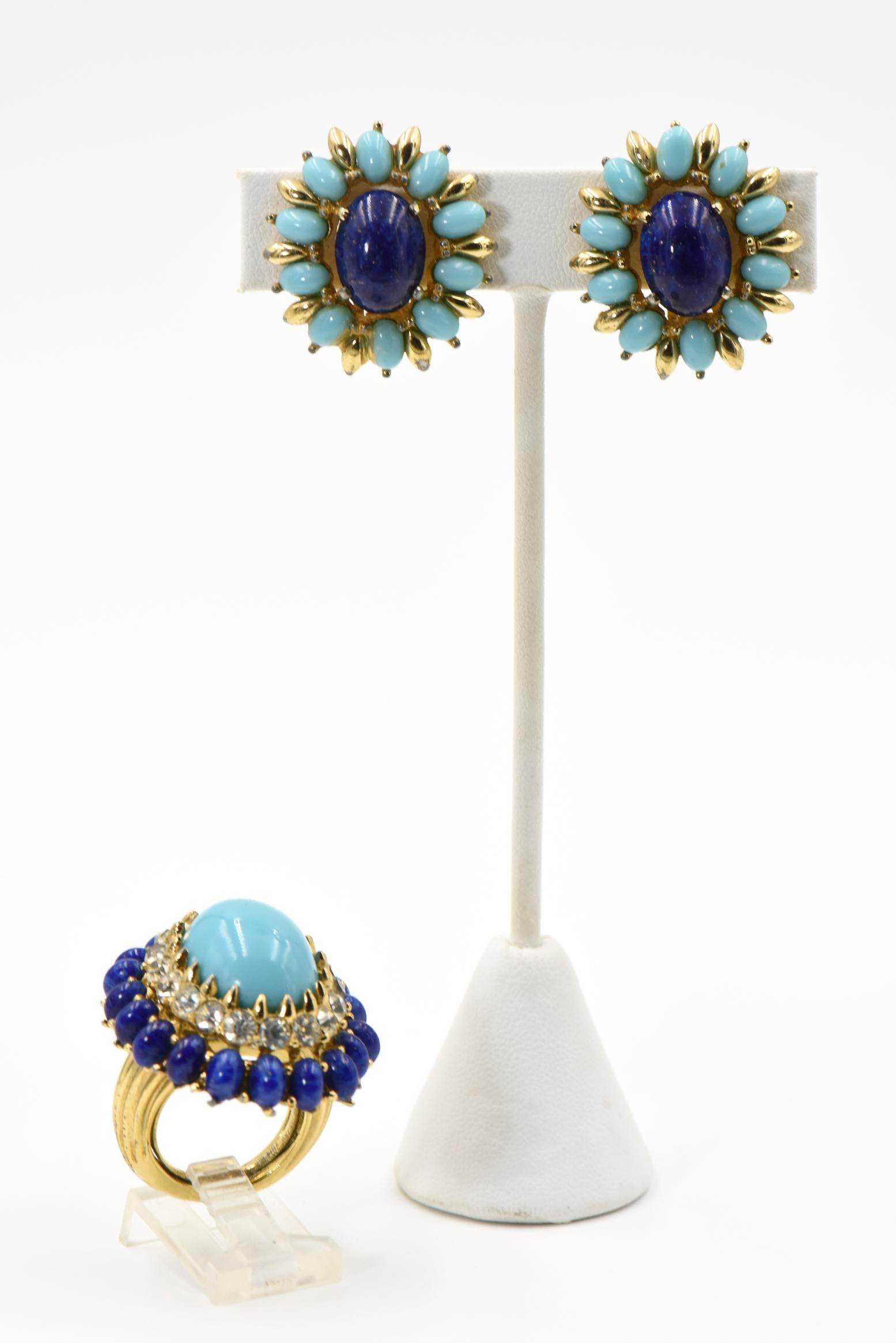 Jomaz Costume Turquoise and Lapis Lazuli Gold Tone Clip Earrings 2