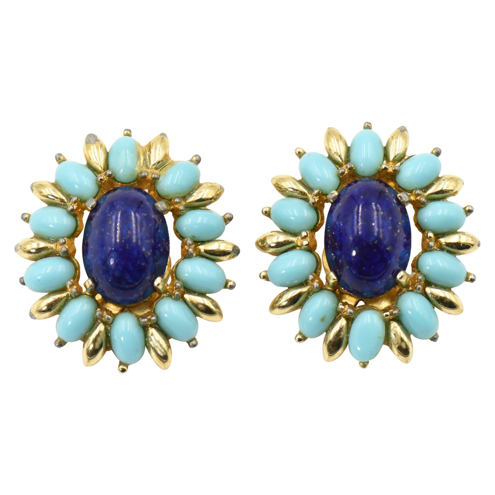 Jomaz Costume Turquoise and Lapis Lazuli Gold Tone Clip Earrings