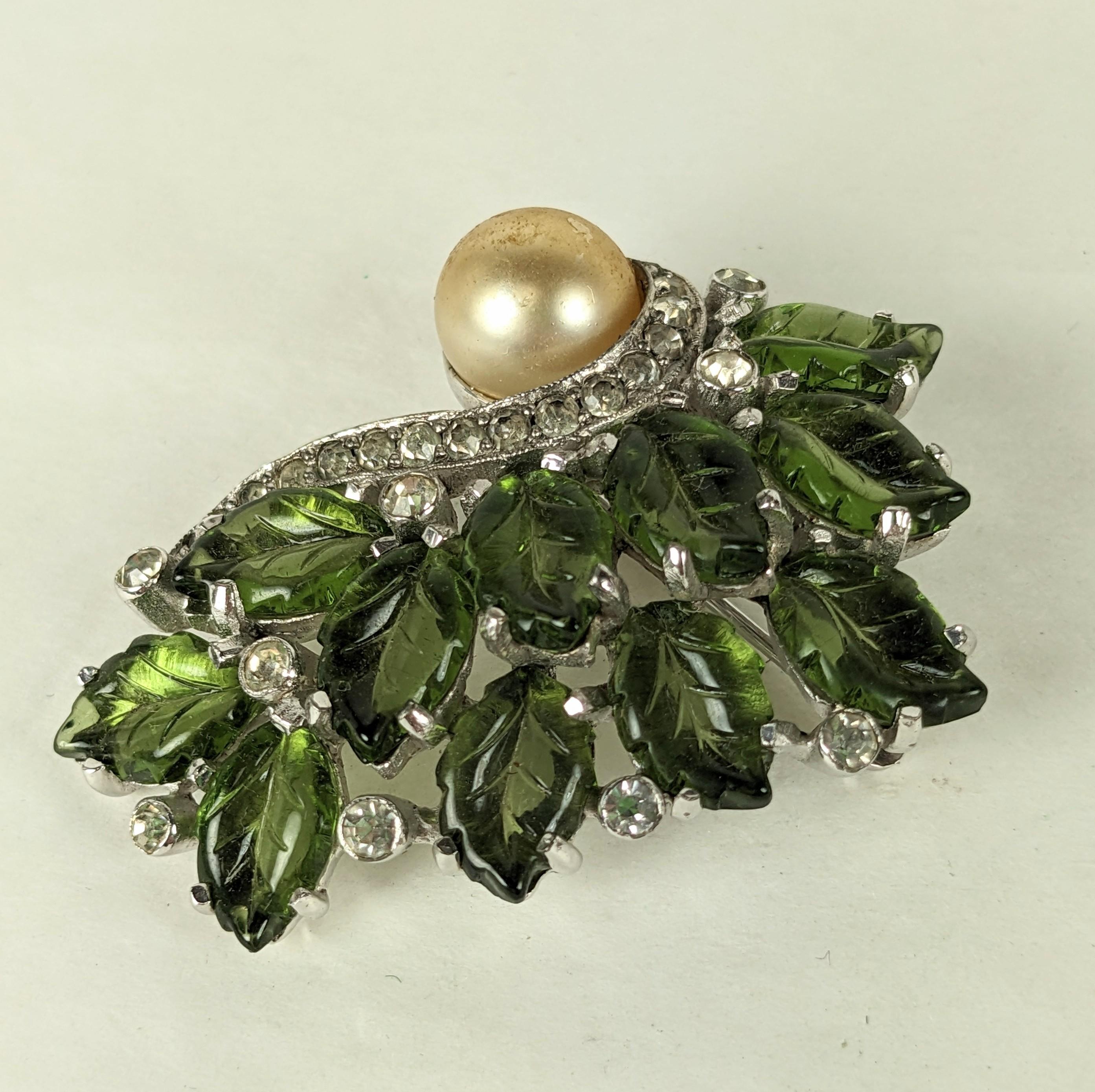 Jomaz Fruit Salad Brooch from the 1960's with molded olivine carved glass leaves, faux pearl and crystal pastes. 1960's USA. 2