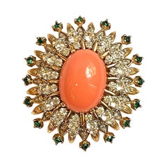 Vintage Jomaz Gold, Coral Cabochon with Green & Clear Rhinestone Domed Brooch