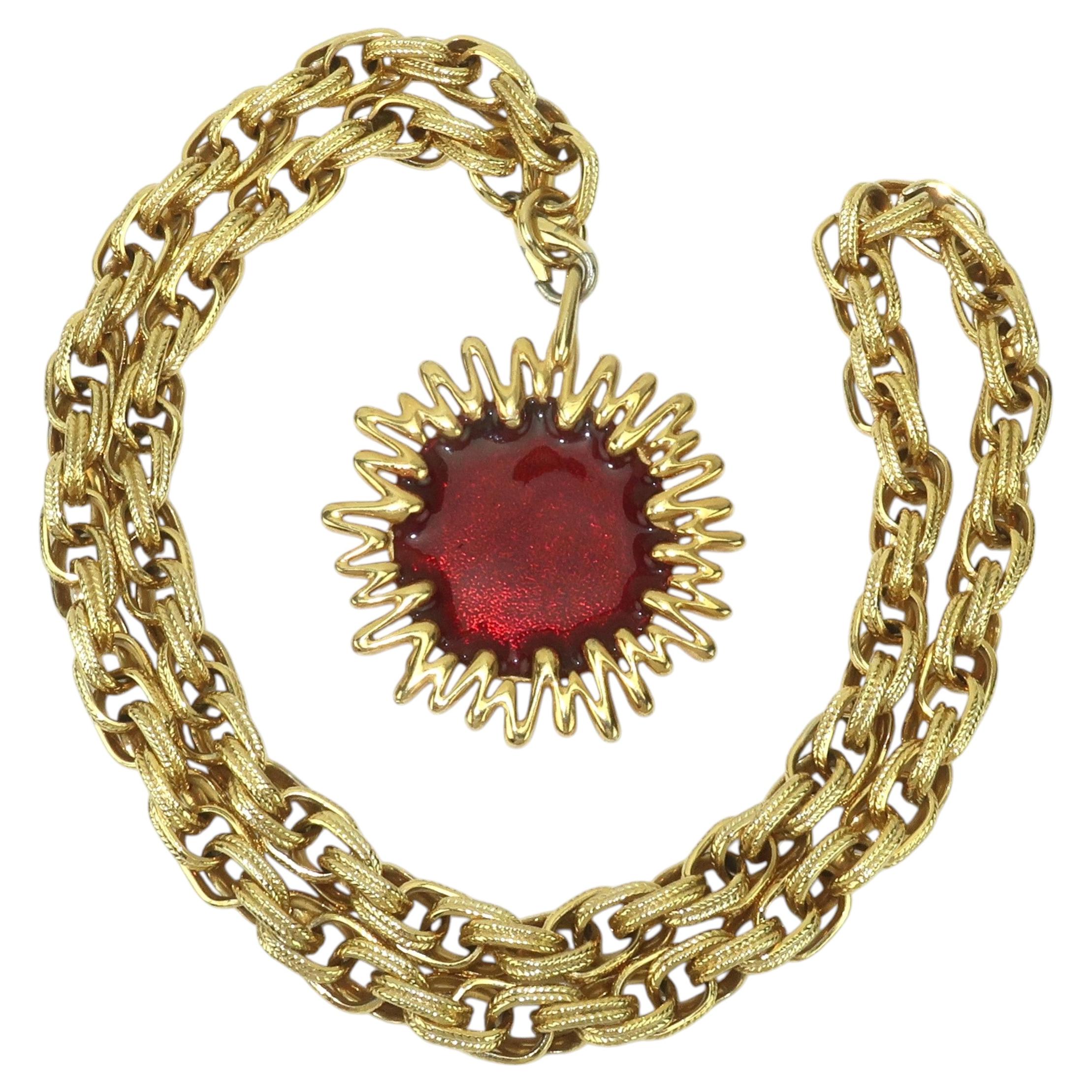 JOMAZ Gold Plated Sunburst Pendant Chain Link Necklace c.1970 For Sale