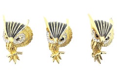 Jomaz Jeweled Black Enamel Gold Tone Owl Brooches Set of 3